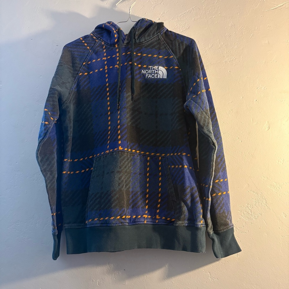 The North Face Plaid Hoodie Women’s Medium Blue Black Orange Pullover Sweatshirt
